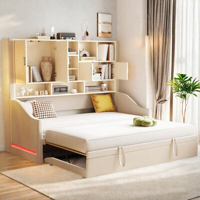 Upholstered Daybed With Led Armrest Lights, Storage Shelves And Cabinets