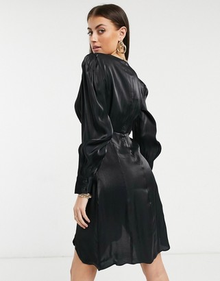 Y.A.S Shine silky lace trim mini dress in black