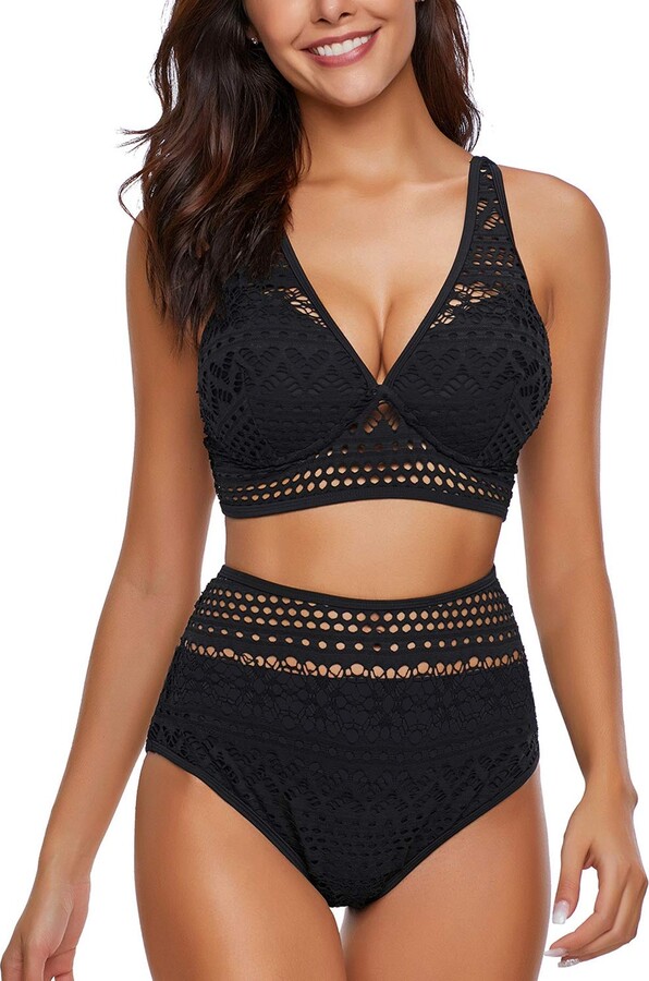 Utyful Women's Black Crochet Lace V Neck High Waist Bikini Set