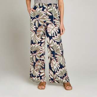Apricot Navy Palm Leaf Palazzo Trousers
