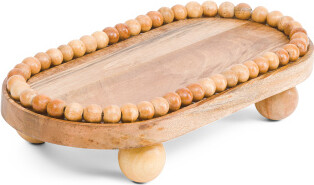 TJMAXX 16In Wood Beaded Oval Tray With Ball Feet