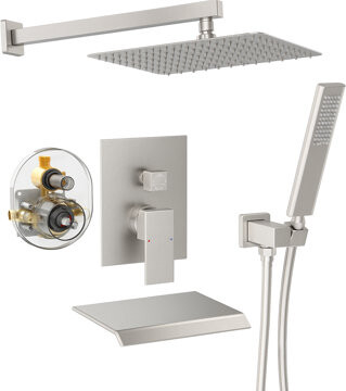 Topcraft Wall-Mounted 12-Inch Rain Shower System With Handheld Showerhead And Tub Spout