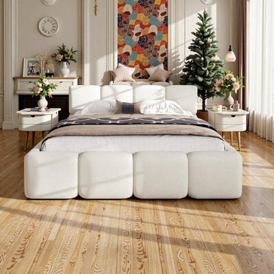 Red Barrel Studio Queen Upholstered Platform Bed With Boucle Headboard And Footboard Block Style Grounded Design