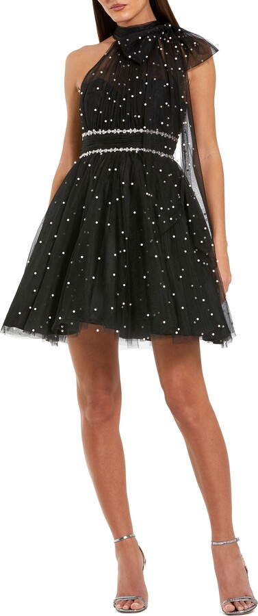 Pearl Embellished Tulle Tie Neck A Line Mini Dress