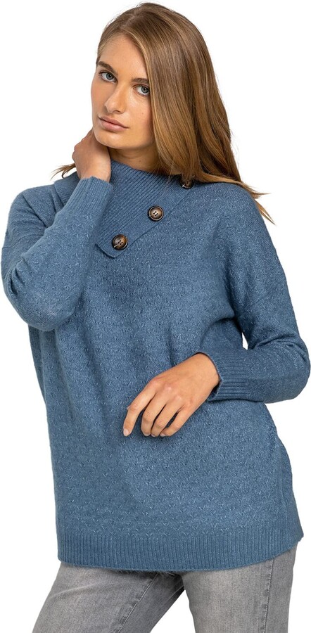 Roman Originals Women Split Neck Jumper Ladies Knitted Ribbed Chunky Knit Winter Spring Sweater Cowl Neckline Smart Casual Work Office Button Detail Warm Vintage Tunic Top