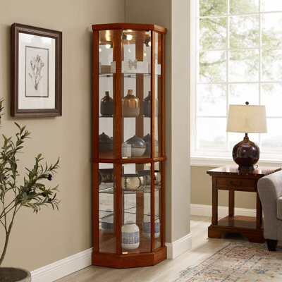 Red Barrel Studio 6-Shelf Lighted Corner Curio Cabinet With Adjustable Tempered Glass Shelves And Full-Height Mirror Back