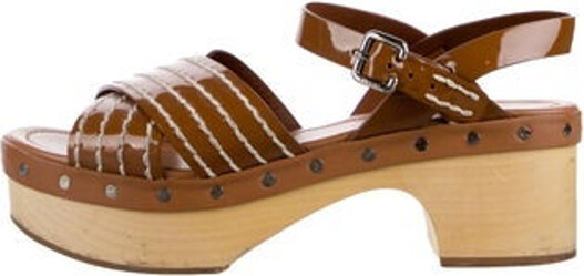 Prada Patent Leather Sandals Brown Platform Multistrap & Buckle Closure at Ankles Designer