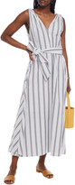 Thumbnail for your product : Brunello Cucinelli Belted Bead-embellished Striped Cotton-poplin Midi Dress