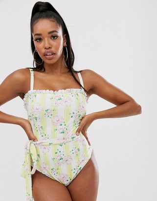 Peek & Beau Fuller Bust Exclusive Eco floral stripe swimsuit with ruffle and belt in yellow D - F Cup