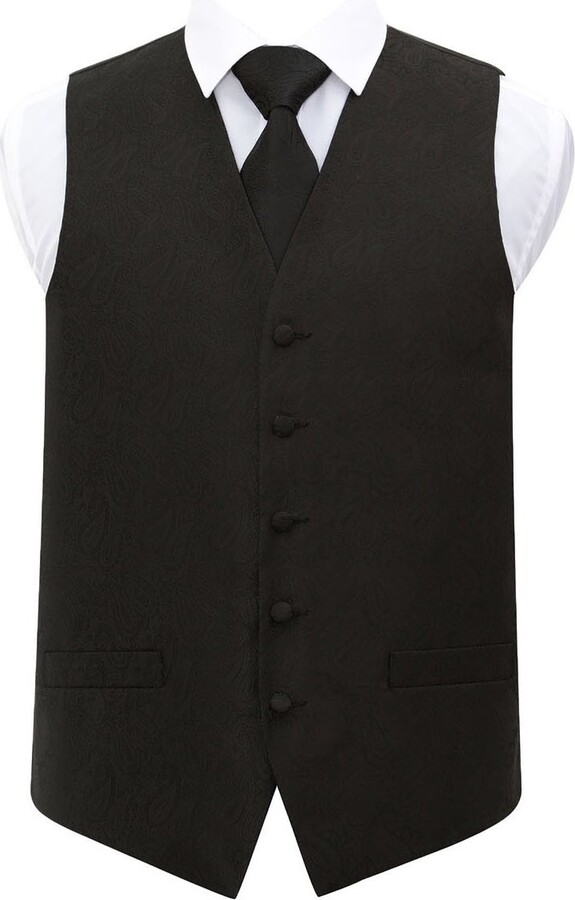 DQT Men's Paisley Wedding Waistcoat Neck Tie & Hanky Set Black 38