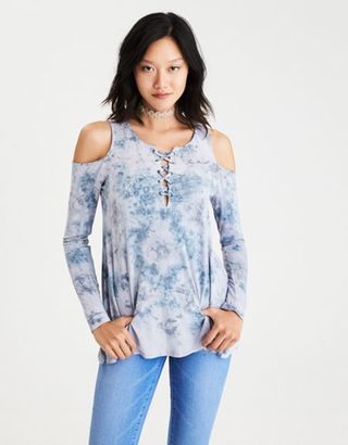 American Eagle Outfitters AE Soft & Sexy Lace-Up Cold Shoulder T-Shirt