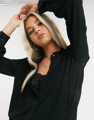 Object Bay classic button front shirt in black