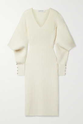 Lanvin - Cutout Embellished Ribbed Wool And Cashmere-blend Midi Dress - Cream