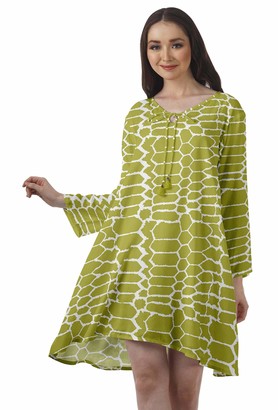 Moomaya Rayon Flared Dress for Womens Long Sleeve Printed V-Neck Casual Beach Dress for Girls