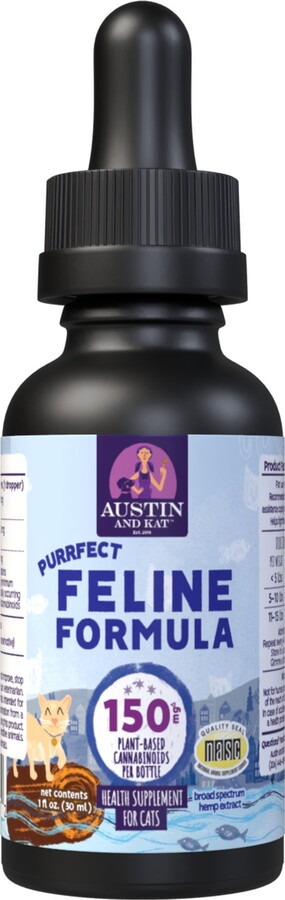 Austin and Kat Purrfect Feline 150mg Broad Spectrum Hemp Oil Liquid Supplement for Cats, 1-fl oz bottle