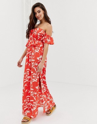 ASOS DESIGN bardot beach maxi dress with ruffles in flamenco floral stripe print