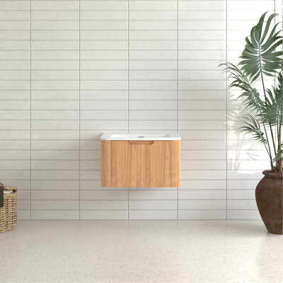 Ebern Designs Wall - Mounted Bathroom Vanity Made Of Solid Wood, 2 Drawers, Walnut Shine, European Design Influence, Space Saving, Leak Basin, Quiet Closing Finish