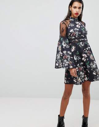 Neon Rose High Neck Dress With Lace Trim In Floral