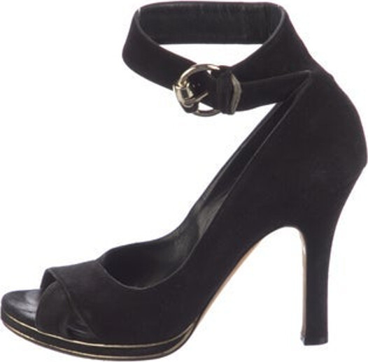 Gucci Suede Pumps Black Peep-Toes Platform Wrap-Around Straps & Buckle Closure at Ankles