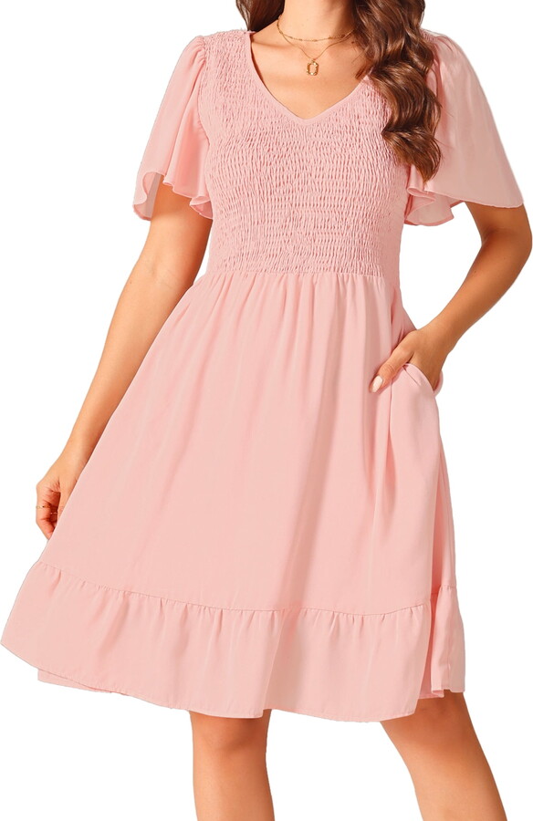 DARING DIVA Chiffon Smocked Flutter Short Sleeve Dress S Pink