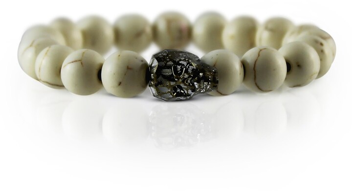 EvaDane Natural Black Onyx Gemstone Rope Bead Awareness Ribbon Charm Stretch Bracelet