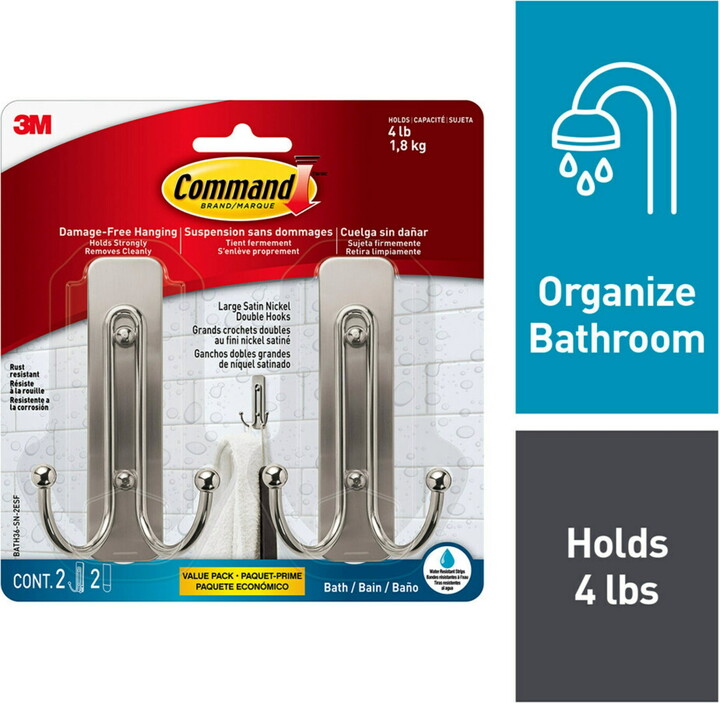 Command Bath Large Satin Nickel Double Hooks, 2pk