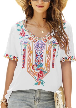 AK Women's Boho Embroidered Tops 3/4 Sleeve Mexican Peasant Shirts