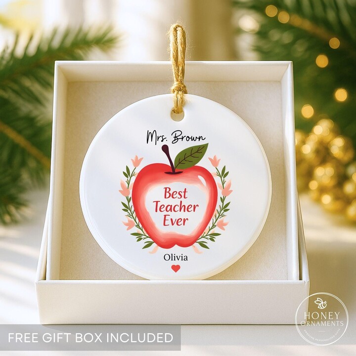 Best Teacher Ever Ornament Personalized Apple Gift Appreciation Christmas Custom Name End Of Year Thank You