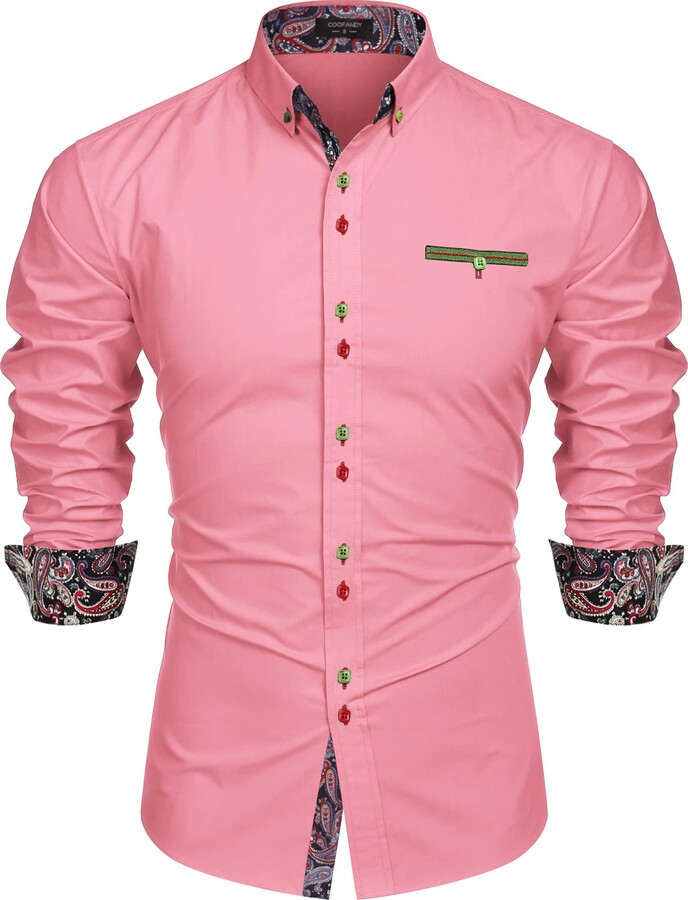 COOFANDY Men's Fashion Cotton Long Sleeve Dress Shirt Fitted Paisley Collar  Shirt Burgundy - ShopStyle