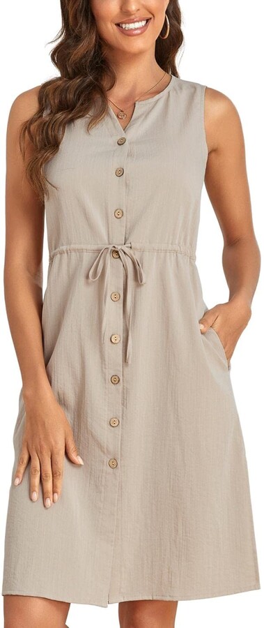 GOSOPIN Womens Summer Tank V Neck Sleeveless A-Line Mini Dress Button Down Shirt Dress S-XL