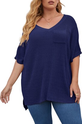 DEARCASE Women's Plus Size Casual Loose Knit Sweater V Neck Front Pocket  Short Sleeve Side Slit Tunic Top Light Blue 4X-Large - ShopStyle