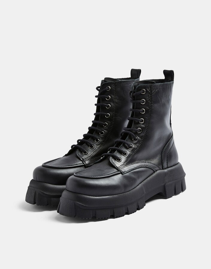 Topshop chunky leather lace up boots in black - ShopStyle