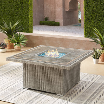 Borealis Propane Outdoor Fire Pit Table With Ceramic / Tile Top & Wicker Base and Hidden Fuel Tank Storage