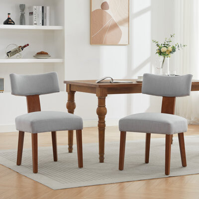 Set Of 2 Modern Gray Linen Fabric Armless Dining Chairs With Curved Backrest And Solid Wood Legs