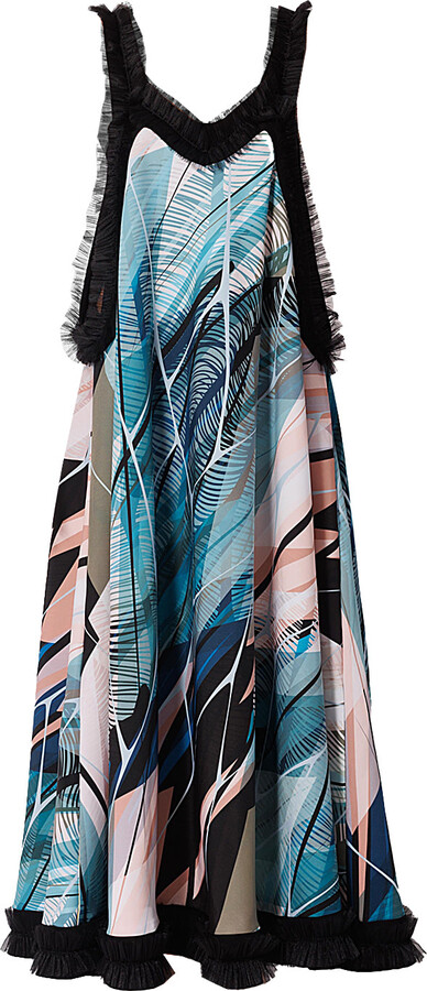 Maison Bogomil Flared Maxi Dress Edged With Tulle With Tropical Print