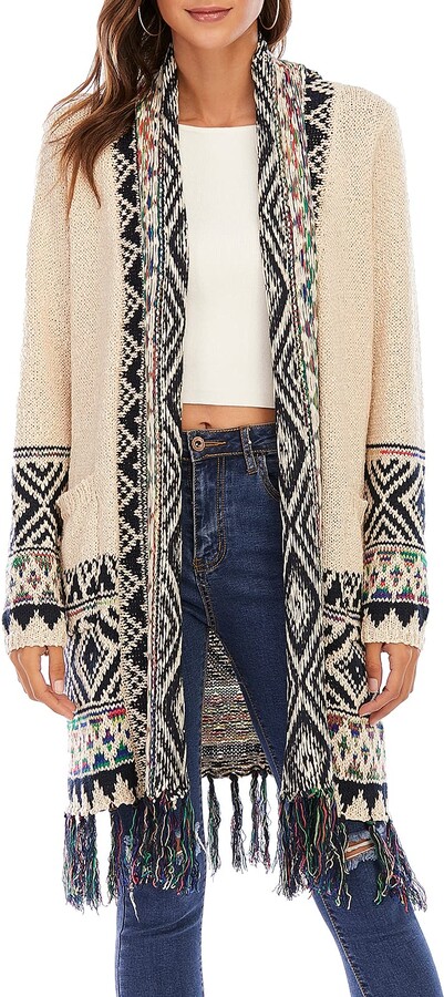 CGYY Women's Open Front Tassel Boho Cardigan Long Fringed Aztec Sweater  with Geometric Print - ShopStyle