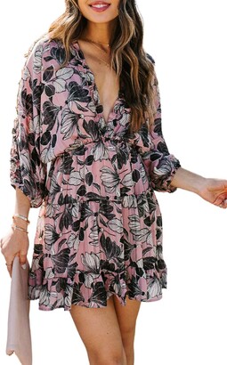 Ecrocoo Women's Sexy Cocktail Batwing 3/4 Sleeve Floral Printting