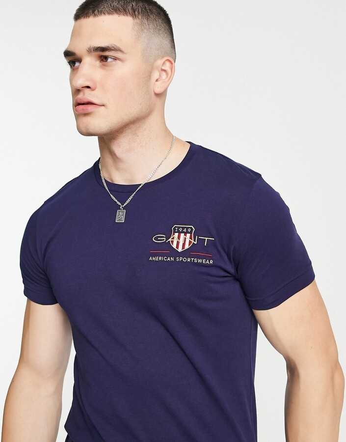 Gant archive shield embroidered logo slim fit t-shirt in navy - ShopStyle
