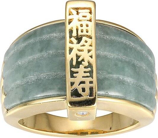 Dynasty Jade 18k Gold Over Sterling Silver Green Jade & Lab-Created White Sapphire "Good Fortune" Ring