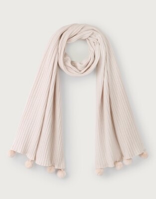 The White Company Ribbed Organic-Cotton-Cashmere Pom-Pom Scarf