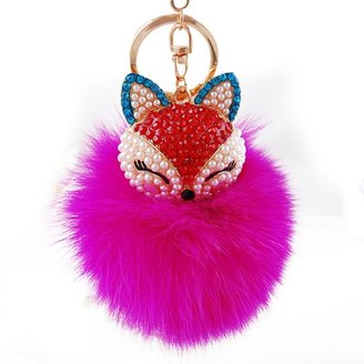 Key Chain, FTXJ Cute Artificial Fox Fur Ball with Fox Head Inlay Pearl Rhinestone Key Ring