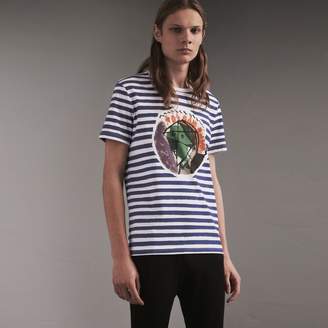 Burberry Pallas Heads Print Striped Cotton T-shirt , Size: XXL, White