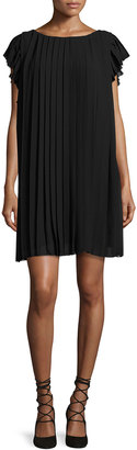Max Studio Cap-Sleeve Pleated Chiffon Dress, Black