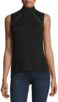 Ramy Brook Lisette Merino Wool Ribbed Chain-Embellished Sweater, Black