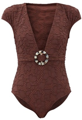 Dodo Bar Or Esterika Cap-sleeve Floral-cloque Swimsuit - Dark Brown