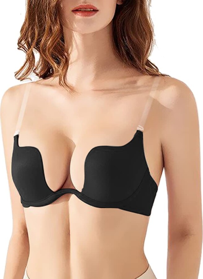 Sexy Code 1701 Womens Low Plunge Push Up Bra with Clear Straps Low Cut