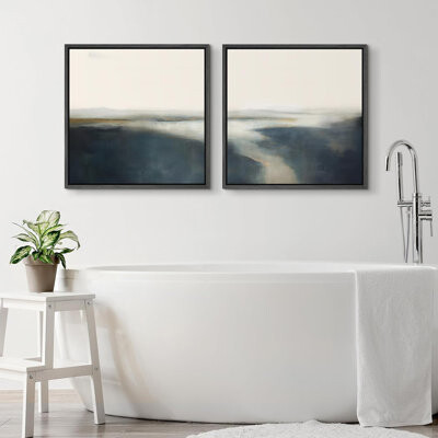 wall26 Navy Gray River Abstract Landscape Framed On Canvas 2 Pieces Set
