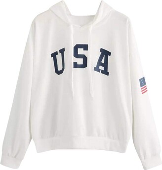 Lazzboy Womens Hoodie USA Flag Letter Print Sport Sweatshirt Solid Long Sleeve Hooded Hip Pop Tops Blouse(2XL(16)