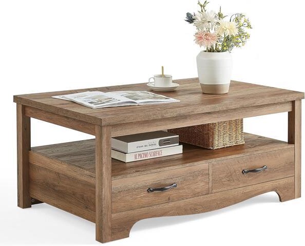 WESTWAY LINSY HOME Farmhouse Coffee Table with Storage, Wood Coffee Table for Living Room, Open Display Area and Storage Drawers with Metal Handles, Chic...