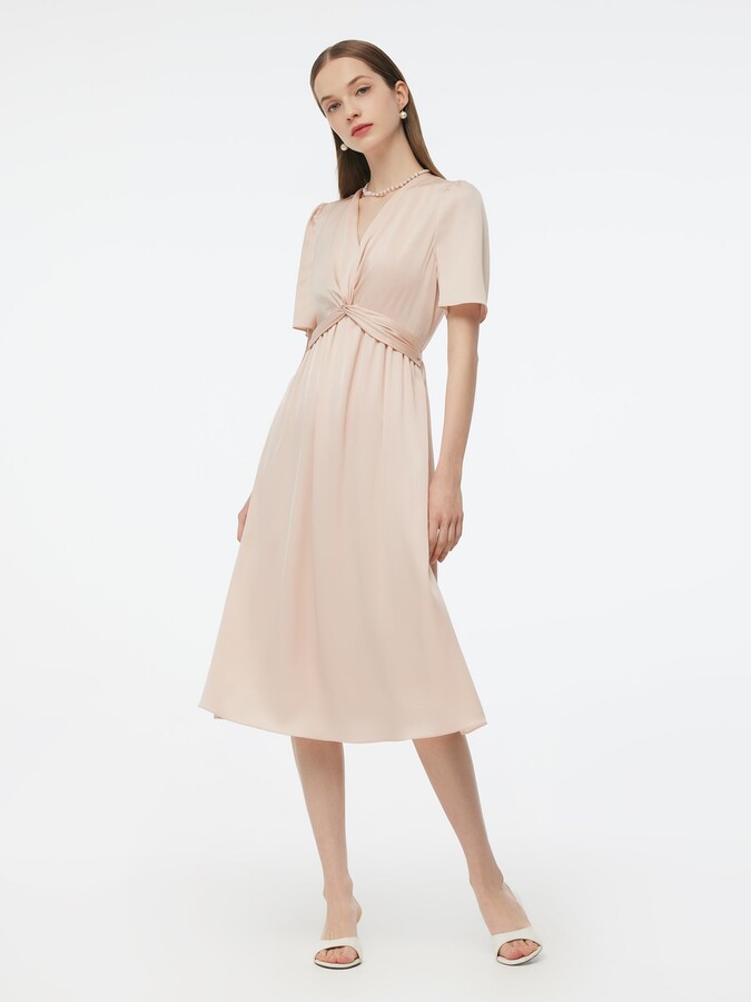 GOELIA 22MM Mulberry Silk Twist Front Women Midi Dress - Pearl / XXS